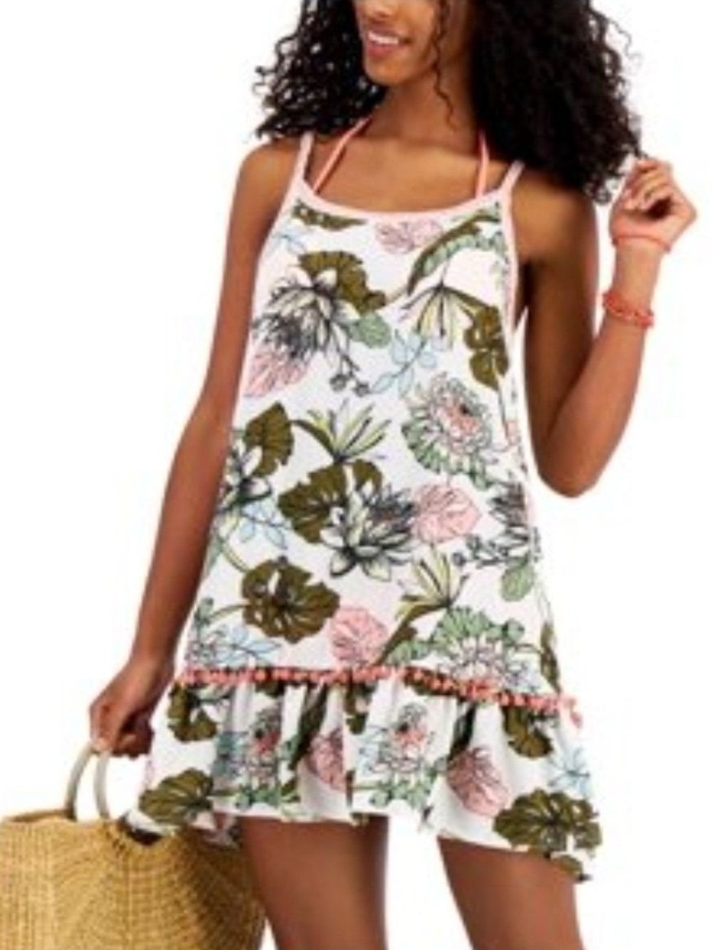 White Floral Summer Sundress with Pink Trim